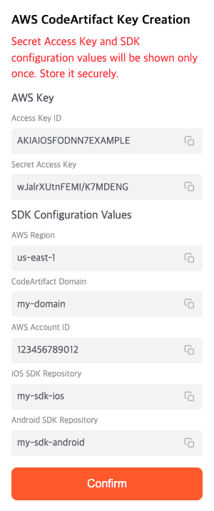 Petify Console – AWS CodeArtifact credentials screen